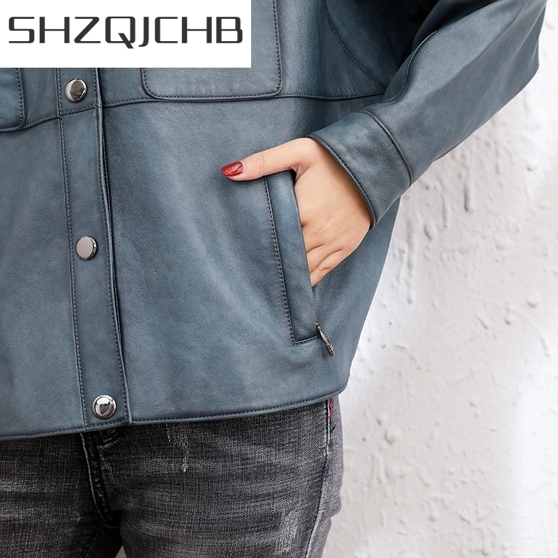 

JCHB 2021 Luxury Women Natural Leather Sheepskin Jacket Multi-Pocket Loose Runway Office Blue Short Jacket Retro Batwing Sleeve