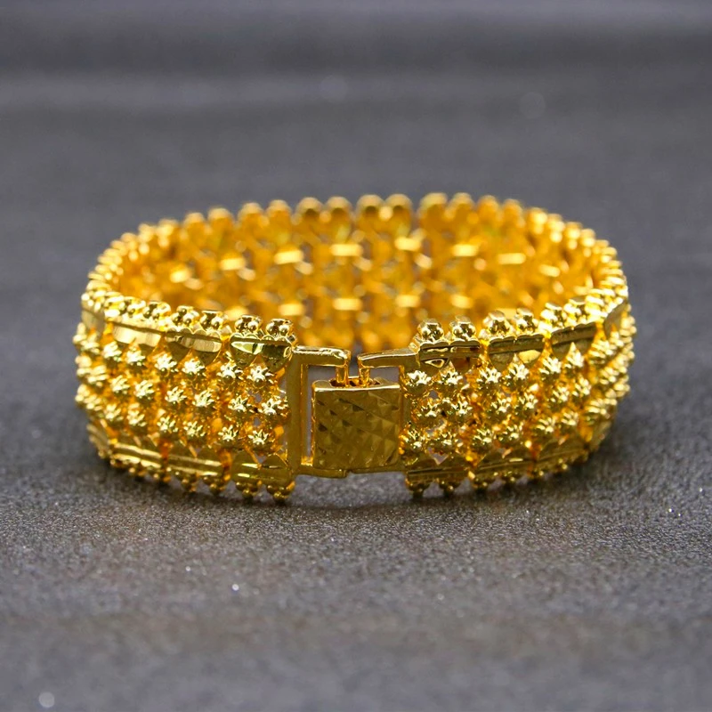 24MM Wide Flower Pattern Bracelet Dubai Gold Filled Middle East Arab/African/Ethiopian Thick Bangle 20cm