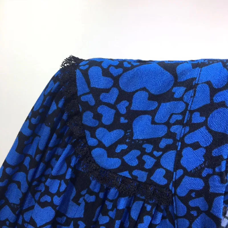 Голубое сердце печати обернуть v образным вырезом Мини платье Кружева Деталь с