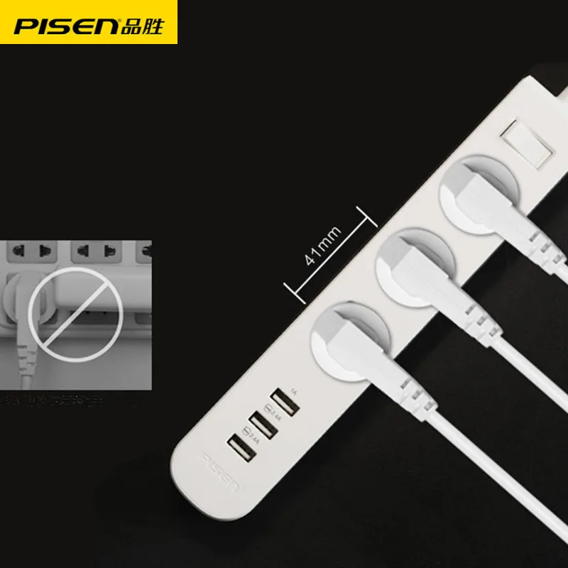 

Блок питания PISEN с 3 USB-портами, оригинальный многофункциональный удлинитель с 3 розетками, быстрая зарядка, защитный переключатель, домашний
