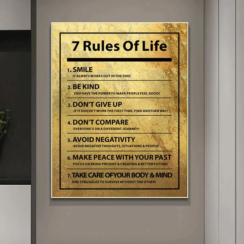 

Inspirational Poster Wall Art 7 Rules of Life Motivational Quote Canvas Painting on The Wall Golden Picture Living Room Decor