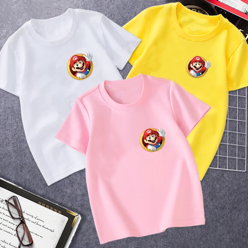 

Print Cartoon Characters T-Shirts Mario Brothers Boys and Girls Summer Top Short Sleeved Costumes Cute Baby Boy Shirt Kawaii