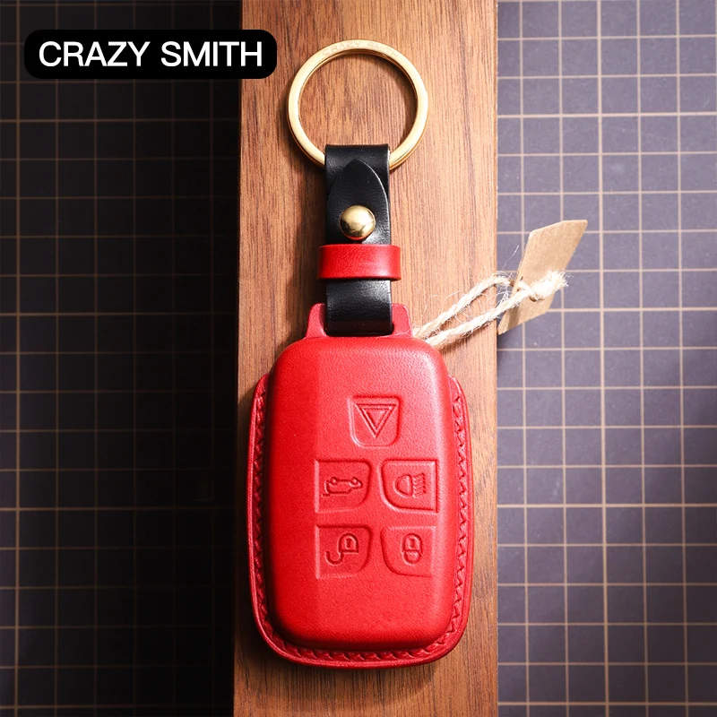 Crazy Smith Handmade Car Key Case Cover for Land Rover 5 Buttons Vegetable Tanned Leather High Quality New Year's Gift Brown Red |