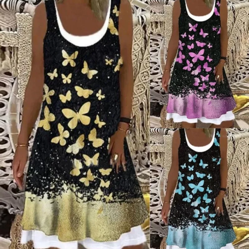 

Женское летнее платье-чехол без рукавов, повседневное мини-платье с цветочным принтом и круглым вырезом, свободные платья с принтом бабочки...