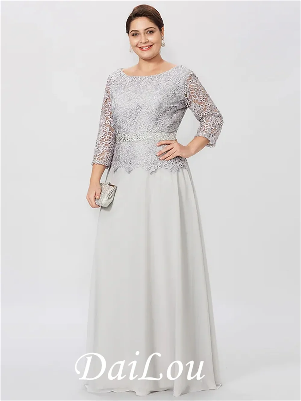 

Sheath / Column Mother of the Bride Dress Plus Size Elegant Jewel Neck Floor Length Chiffon Corded Lace with Lace 2021