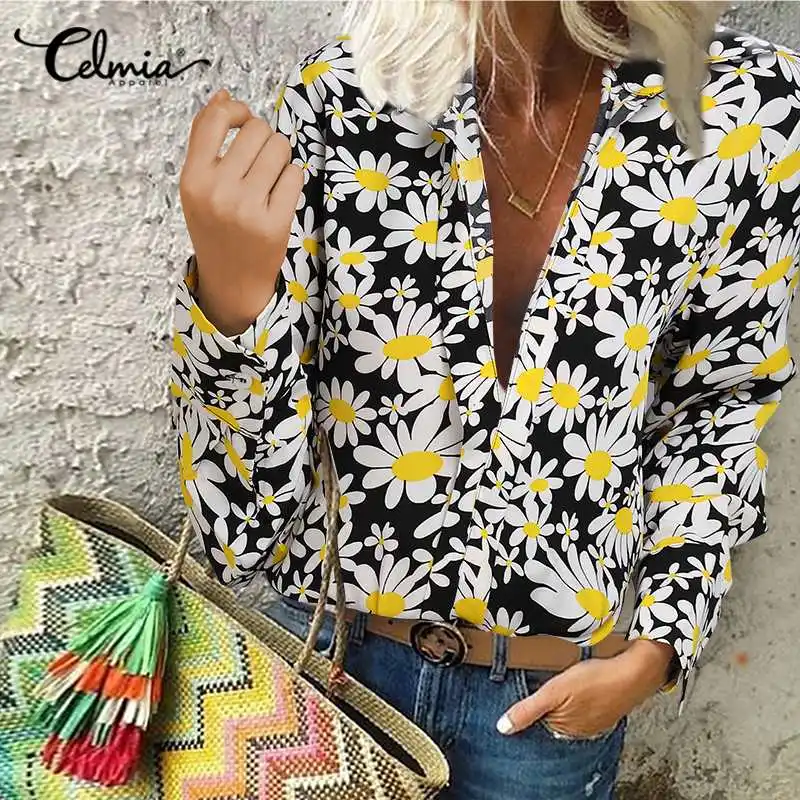 

2021 Celmia женская блузка с принтом маргариток, богемные модные уличные рубашки с лацканами и длинным рукавом, туника, топы, повседневные свобод...