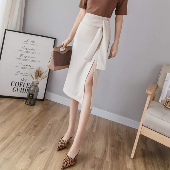 2019 летняя юбка карандаш со шнуровкой и разрезом по бокам Женская с высокой талией