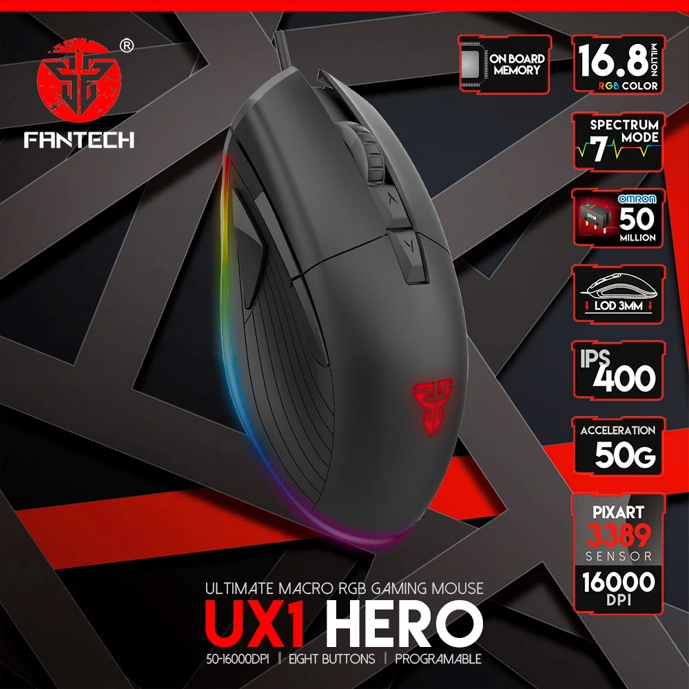 Профессиональная Проводная игровая мышь FANTECH UX1 регулируемая 8 кнопок 16000 DPI