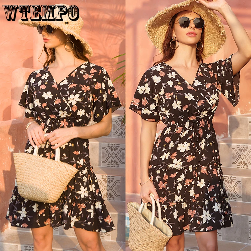 

Women Summer Beach Dress Plus Size Flared Sleeve V Neck Sexy Dresses Belt White Floral Maxi Casual Lotus Loose Boho Dress Female