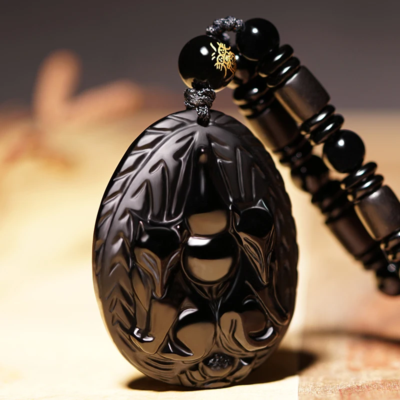 Ожерелье из натурального черного обсидиана с бусинами ручная работа Подвеска