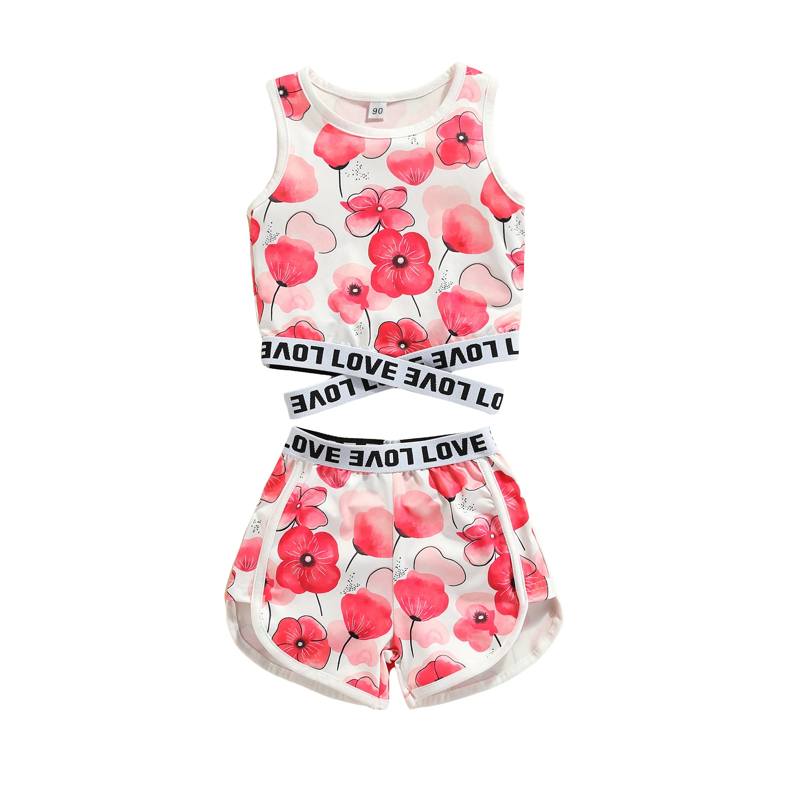 

2021 Summer Fashion Girls Flower Letter Print Round Neck Cross Cutout Tank Tops + Shorts Toddler Summer Outfits 2 Pcs