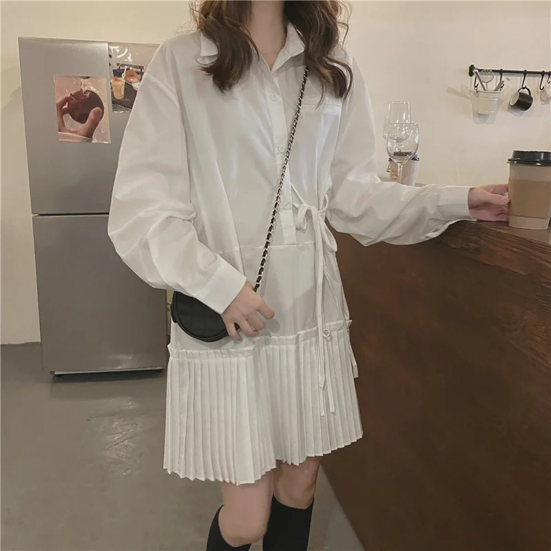

Autumn/winter Loose and Thin Stitched Pleated Shirt Skirt Design Feeling Bandage White Skirt