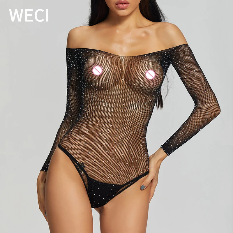 

Sexy Metallic Teddies Bodysuit Women Mesh Tights Diamond Bodystocking With Rhinestones Sparkles Nylon Shiny Beautiful Underwear