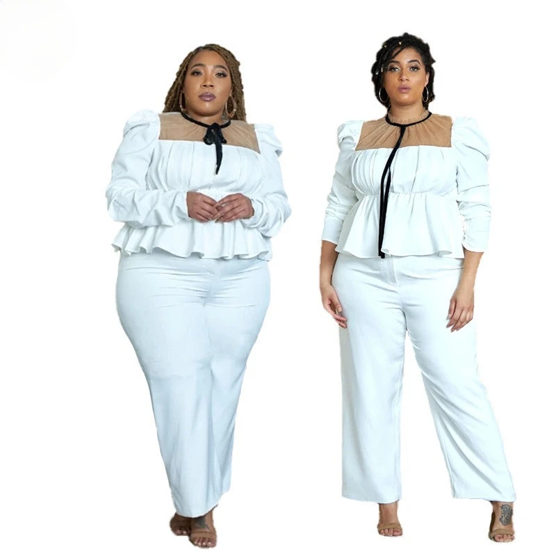 

Plus Size 5XL Two Piece Outfits for Women White Office Lady Matching Set High Waist Street Tracksuit Wholesale Dropshipping 2021