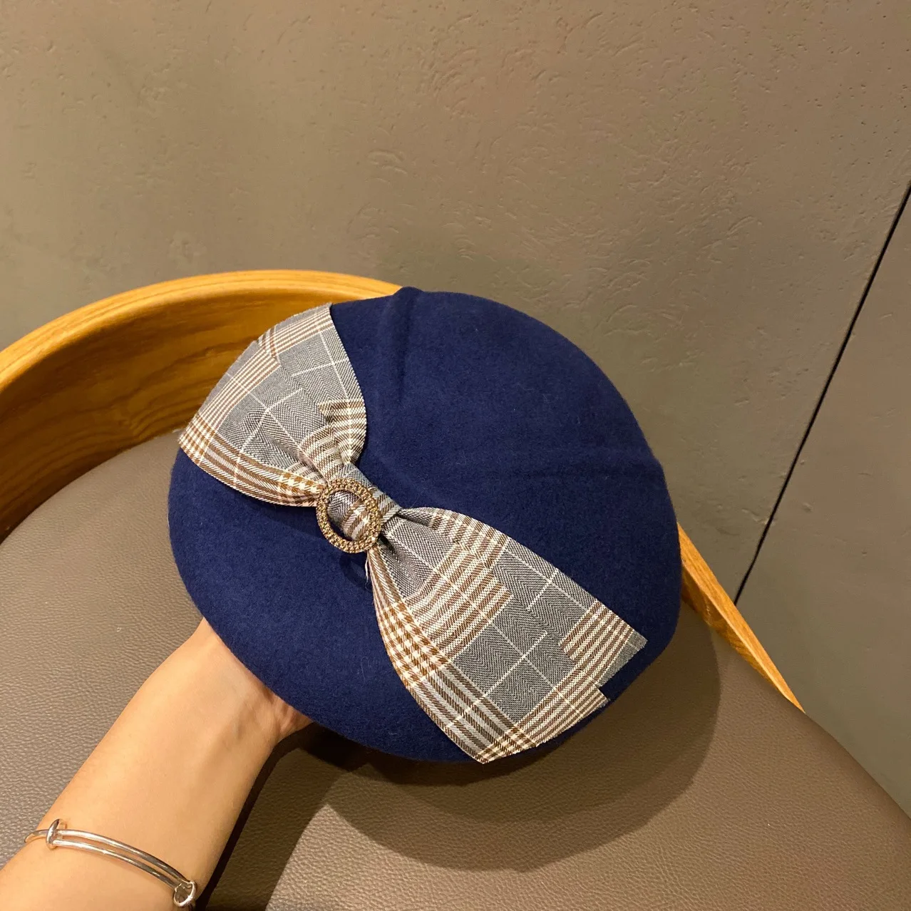 

Plaid Double Bow Retro Elegant Wool Beret Fisherman Hat Felt Hat Children AW Japanese Tide