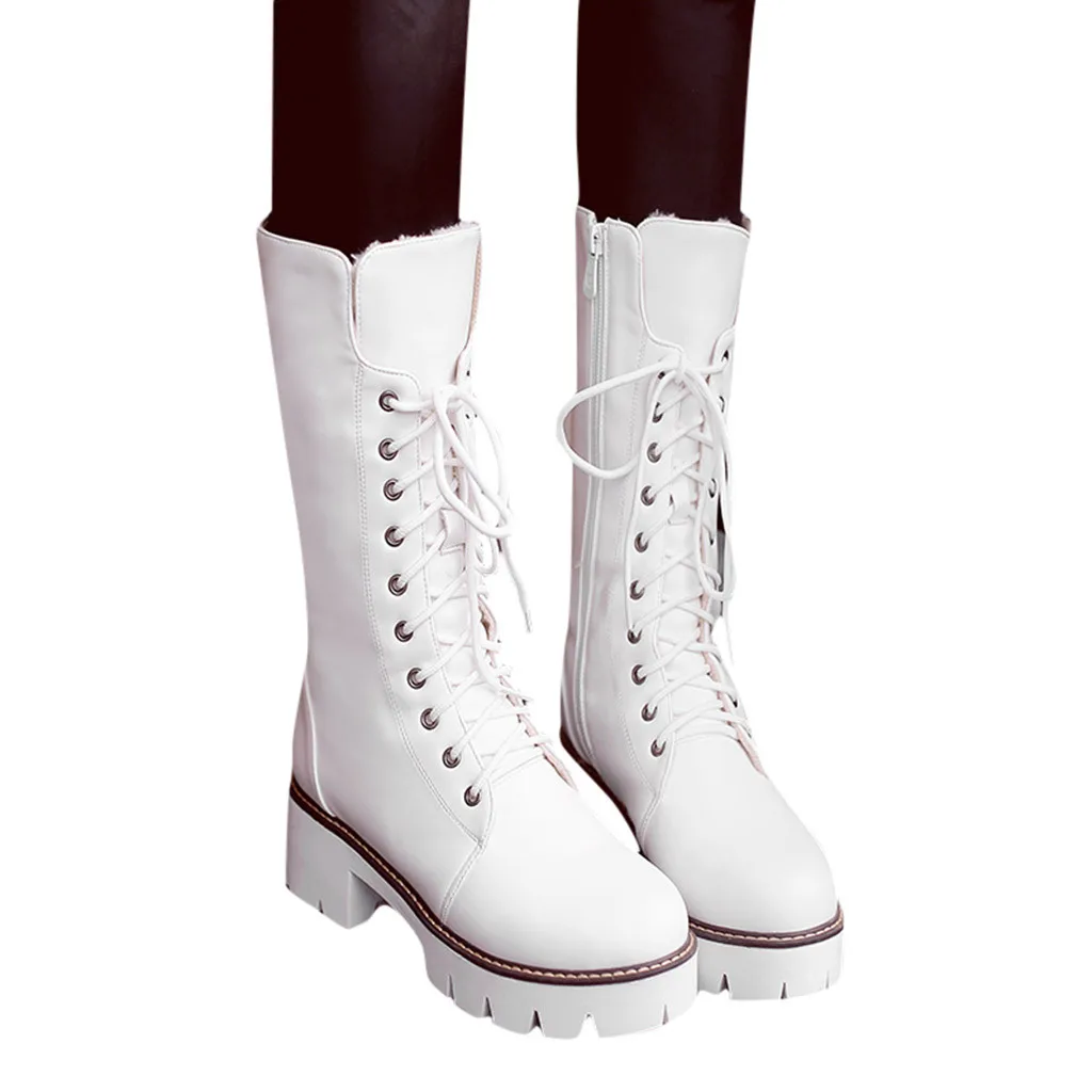 Женские белые ботинки длинные 2019 зимние женские теплые обувь на квадратном