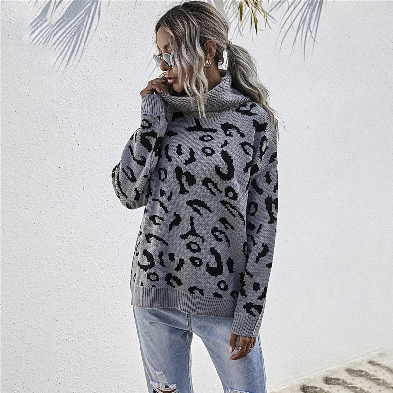

Autumn and winter new women's knitted leopard print pullover lapel sweater loose casual comfortable sweater sweater MY19068