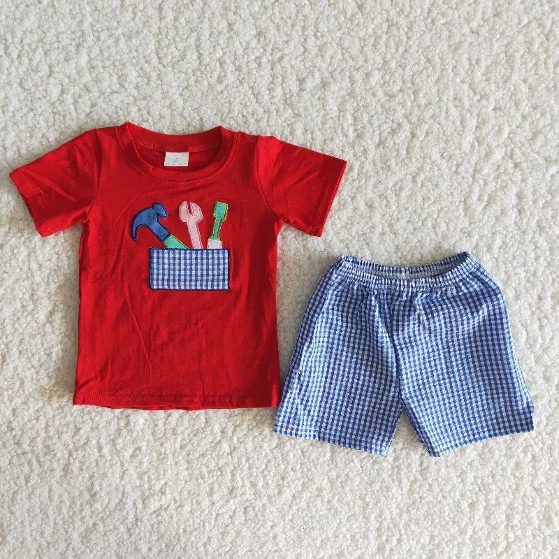 

2021 Summer Fashion Infant Cute Girl Tools Embroidery Sleeve Shirt Plaid Shorts Pants Baby Boy Outfit Wholesale Boutique Clothes