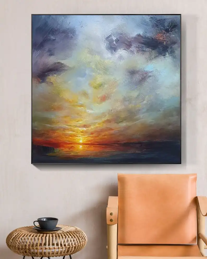 Sunset Painting Landscape Canvas Cloud Sky Abstract Oversize Wall Art Gold Yellow | Дом и сад