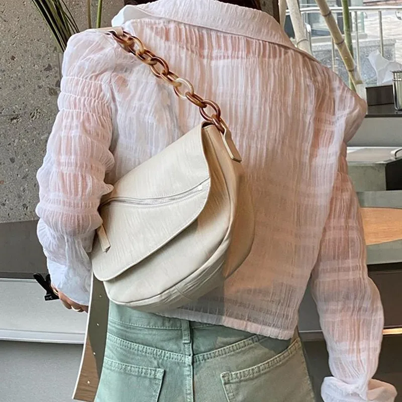 

Simple Women Baguette Shoulder Bags Fashion PU Leather Ladies Purse Handbags Solid Color Acrylic Chain Female Armpit Bag