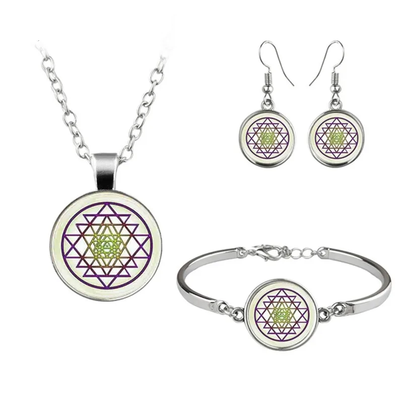 

Indian Sri Lanka Sacred Geometry Jewelry Set Glass Pendant Necklace Earring Bracelet Totally 4 Pcs for Women's Unique Gifts