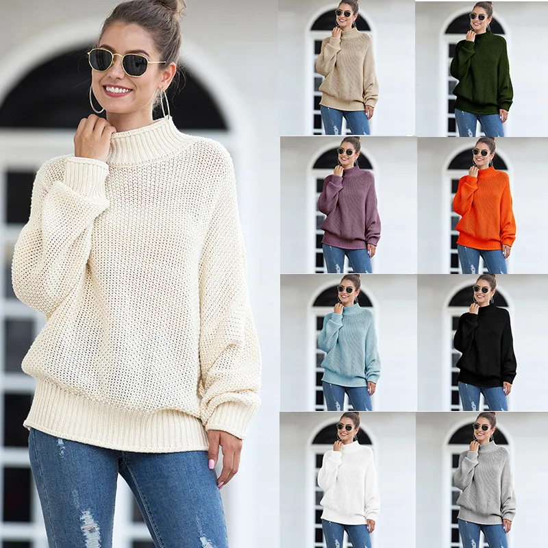 

2021 autumn and winter new thick line sweater women Amazon curled high neck bat sleeve sweater