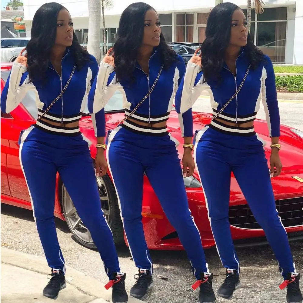 

Contrast Color Tracksuit Workout Clothes For Women Two Piece Matching Sets Long Sleeve Jacket Top Trousers Sexy Fitness Wear