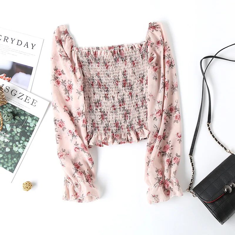 

Floral Chiffon Top Women's High Quality Spring New Style Square Collar Wood Ear Edge Fold Waist Show Thin Versatile Top
