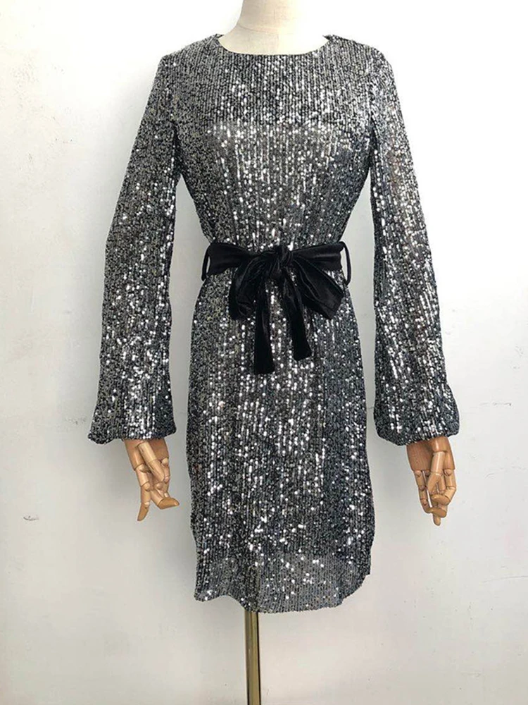 

Women Sexy Stretch Slim Round Neck Sequined Dress 2020 Autumn Party Club Long Lantern Sleeve Sashes Loose Waist A-Line Dresses