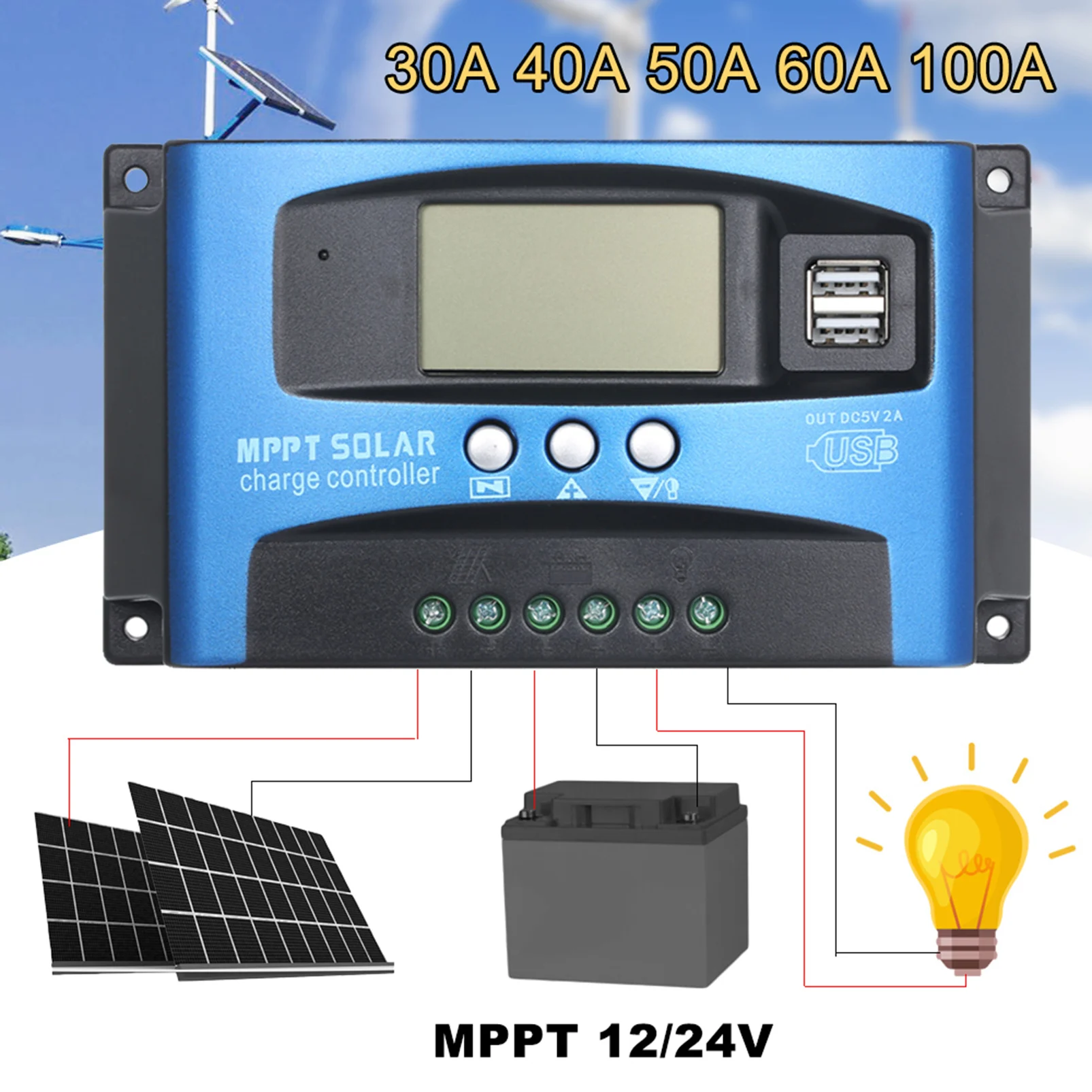 30/40/50/60/100A MPPT Контроллер заряда солнечных батарей двойной USB ЖК-дисплей
