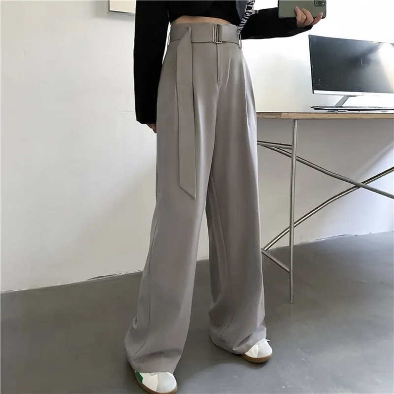

High Waist Belt Mopping Casual Women Pants Solid Wide 2021 Spring Autumn Slim Leg Pants Trousers Ladies High Quality Fashion