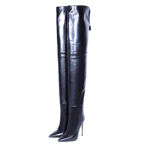 Women Black Leather Over The Knee Thin High Heel Boots Sexy Back Opening Tall Boots Gladiator Zip Se