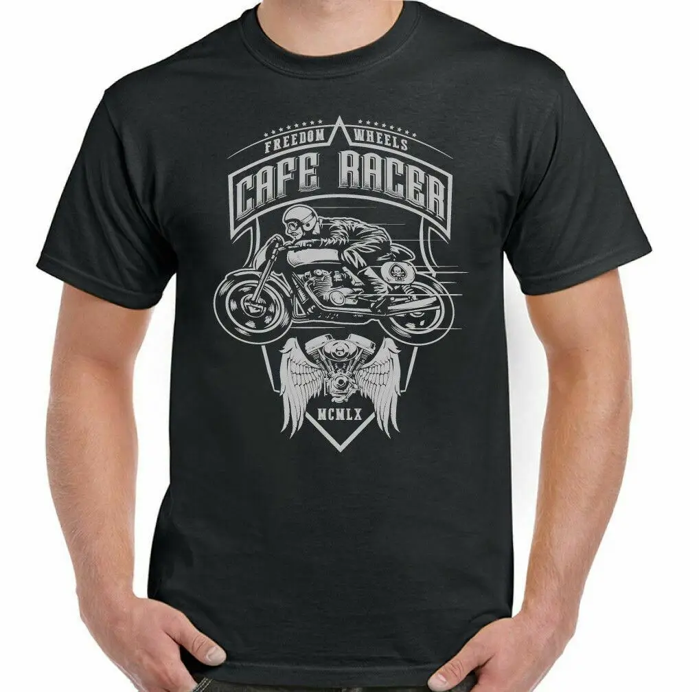

Cafe Racer Mens Biker T-Shirt Freedom Wheels Motorbike Motorcycle Indian Bike