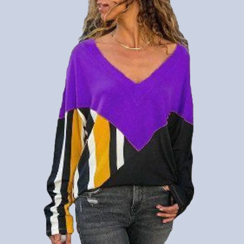 2019 Новая Осенняя полосатая футболка с v-образным вырезом и длинными рукавами
