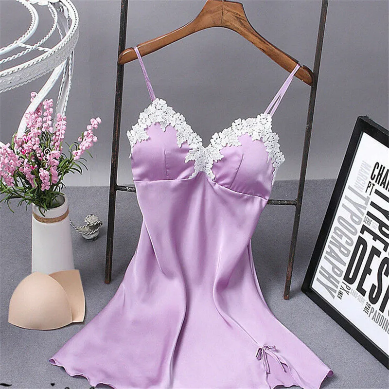 

2019 New Sexy Women V-neck Exotic Dresses Satin Silk Lace Pajama Nightwear Strap Deep V-neck Dress Nightgown Sleepwear