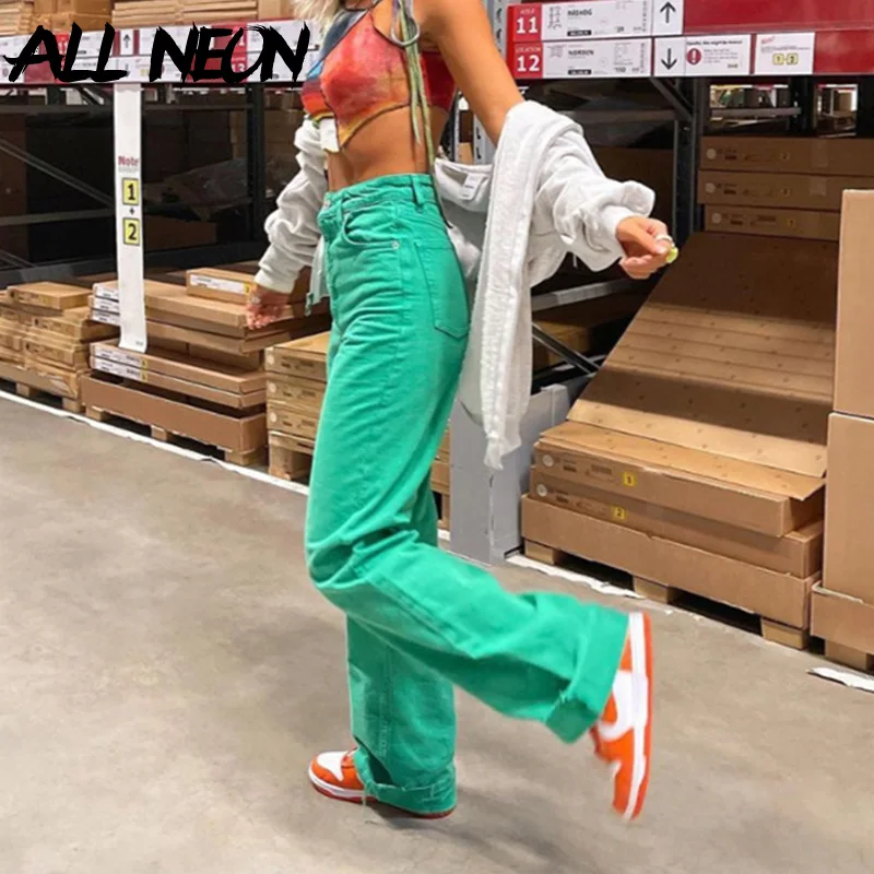 

ALLNeon Harajuku Vintage Green Wide-Leg Jeans Y2K Aesthetics High Waist Full Length Denim Baggy Pants 90s Fashion Straight Pants