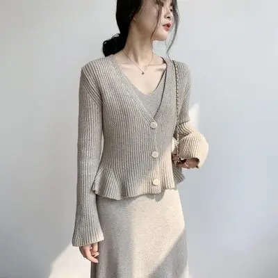 

Autumn Elegant Sweater Women Ruffle White Caidigan Knit Flare Sleeve V-neck Sweaters