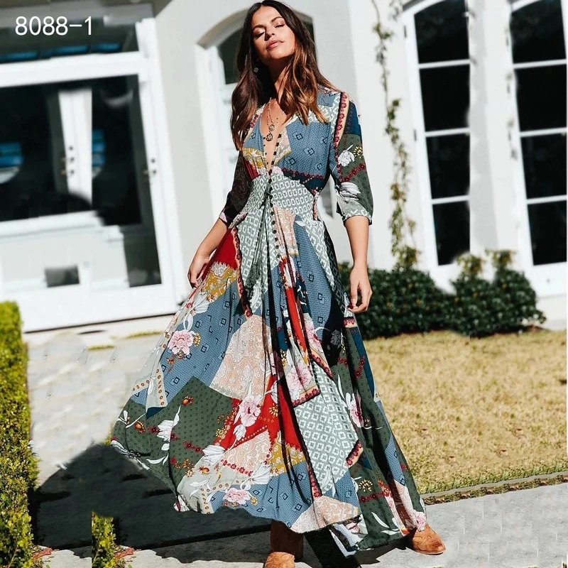 Женское летнее платье с пуговицами Повседневное рукавом 3/4 v образным вырезом и