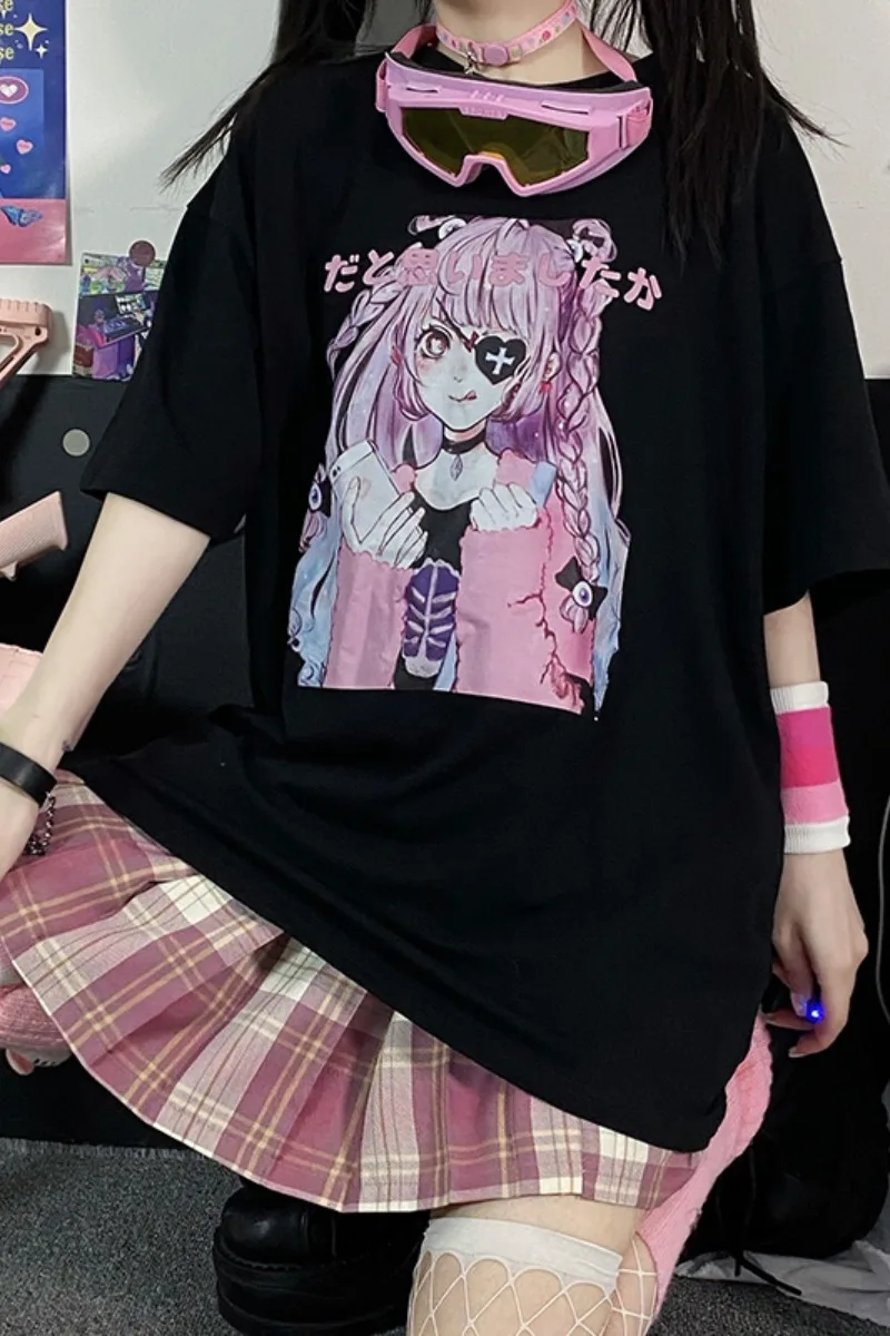 

WHOHOLL Anime Print T-shirt Women's Summer Tshirts Women Harajuku Girls Gothic Harajuku Cartoon Short Sleeve Top Fashion