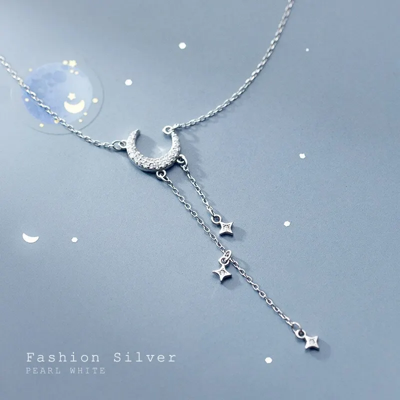 

A00943 925 Sterling Silver Crystal Zircon Star Moon Tassel Pendant Chain Necklace for Women Wedding Engagement Jewelry