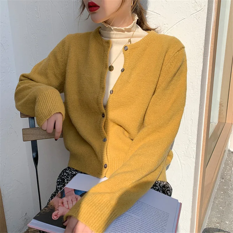 

Slim Women Knitted Cardigans Cute O-Neck Long Sleeve Sweater Autumn Winter Solid Color Vintage Female Cardigan Crop Top