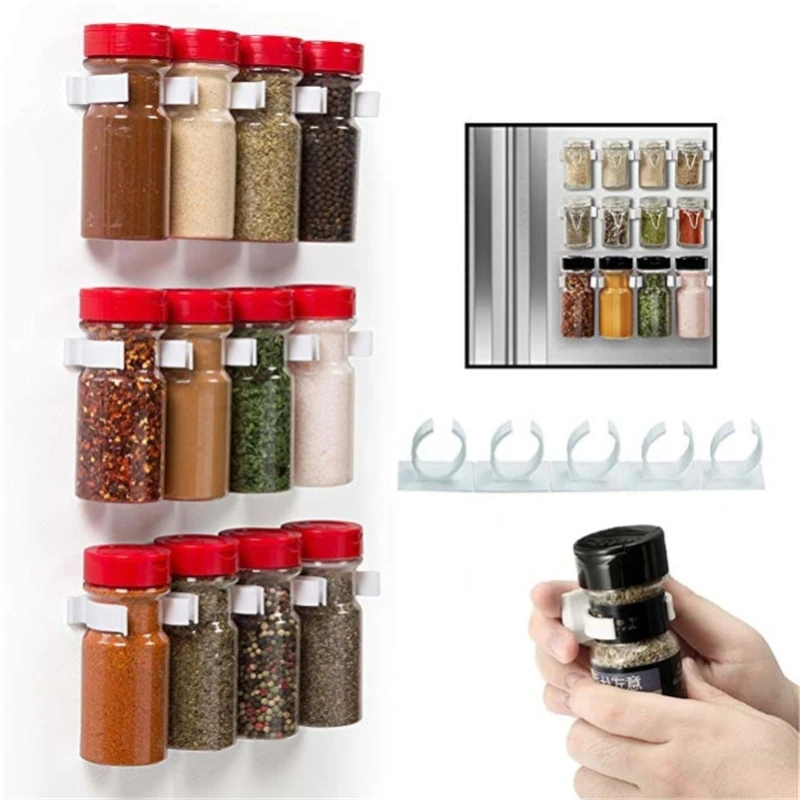 

2/4PC Spice Bottle Rack Kitchen Storage Wall Mount Ingredient Plastic Adhesive Clip Cabinet Organizer Door Hooks Jar Holder Tool