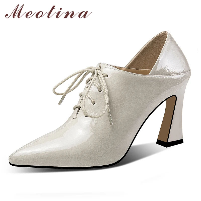 

Meotina High Heels Women Pumps Patent Leather Strange Style High Heel Shoes Lace Up Pointed Toe Shoes Lady New Black Size 34-39