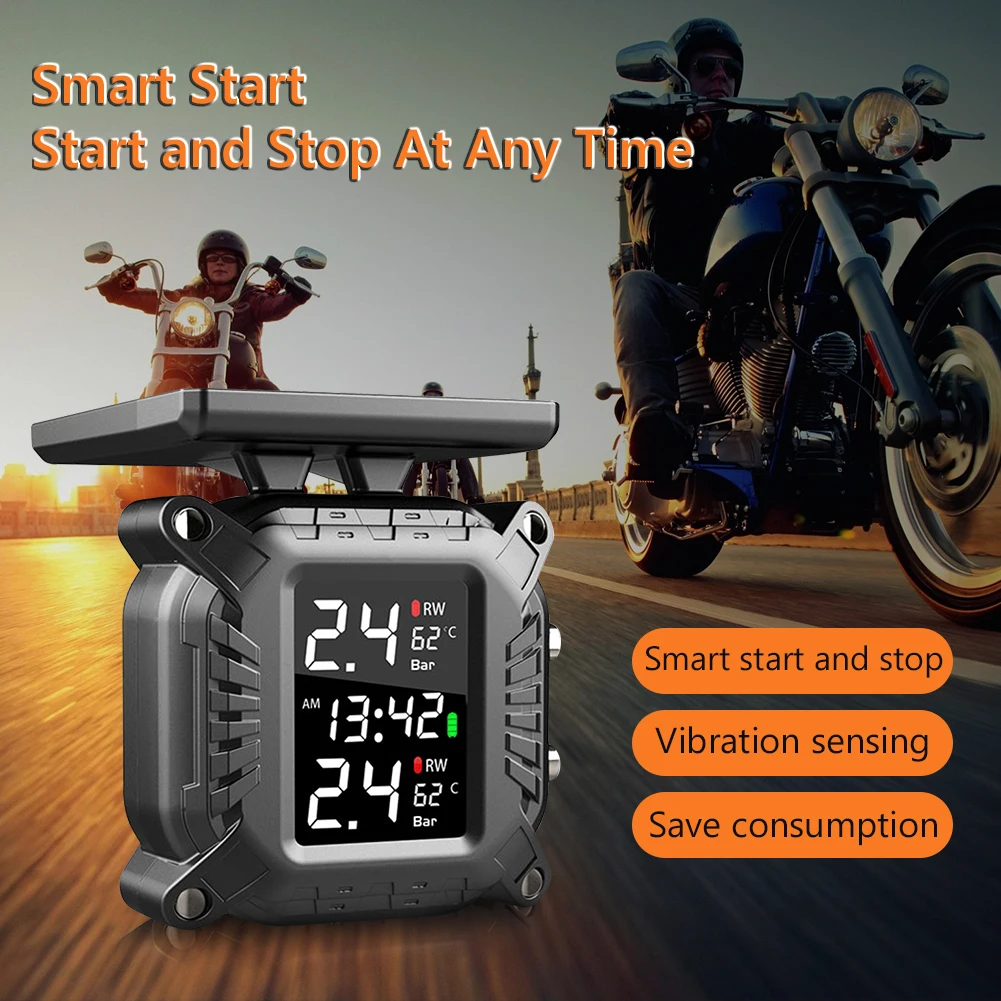 

2021New Motorcycle TPMS Moto Tire Pressure With 2 External Sensors Solar Waterproof TMPS Wireless Monitoring System