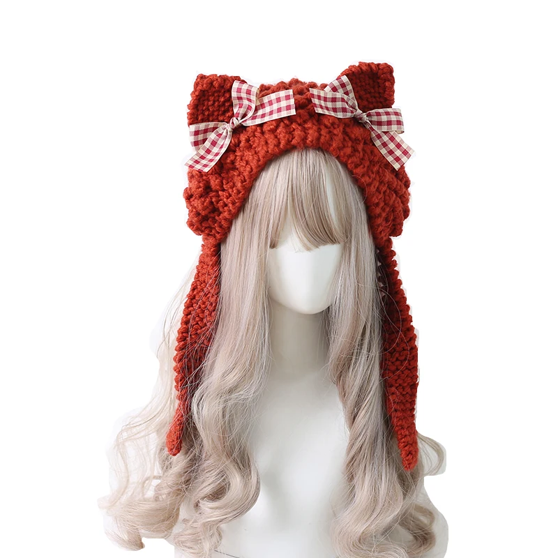 Шапка Вязаная Шерстяная осенне-зимняя для девочек с кошачьими ушками - купить по