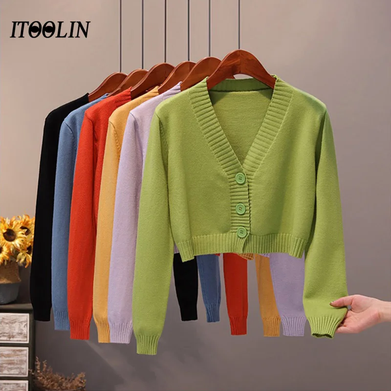 

ITOOLIN Women Spring Knitted Cardigan Sweater Long Sleeve V-neck Jumpers Button Up Cardigans Knitted Crop Tops For Women
