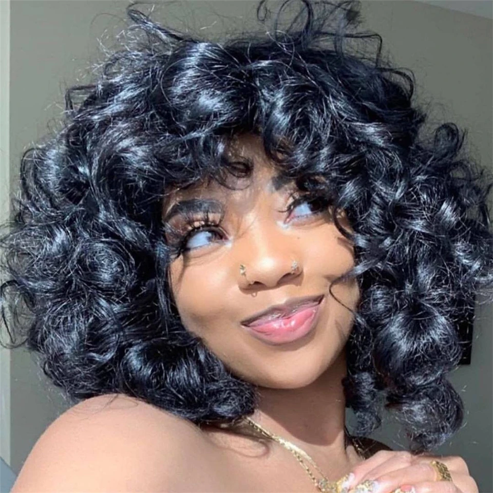 

Short Bob Human Hair Wig With Bangs Cheap Loose Wave Full Machine Made Wig For Black Women Rose Curly Virgin Peruvian Hair Wigs