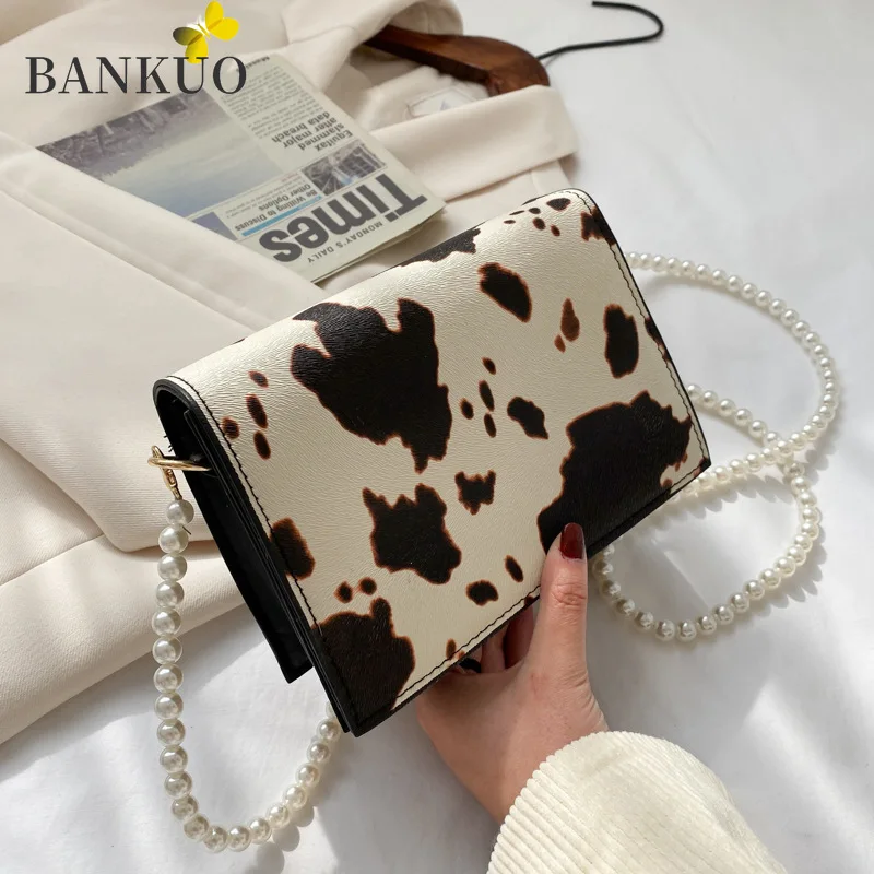 

BANKUO Casual Shoulder Bags for Women PU Leather Cow Pattern Crossbody Bag Girls Spring New Pearl Handbags 2021 Flap Z328