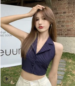 Женский офисный жилет в полоску элегантный укороченный топ с V-образным вырезом