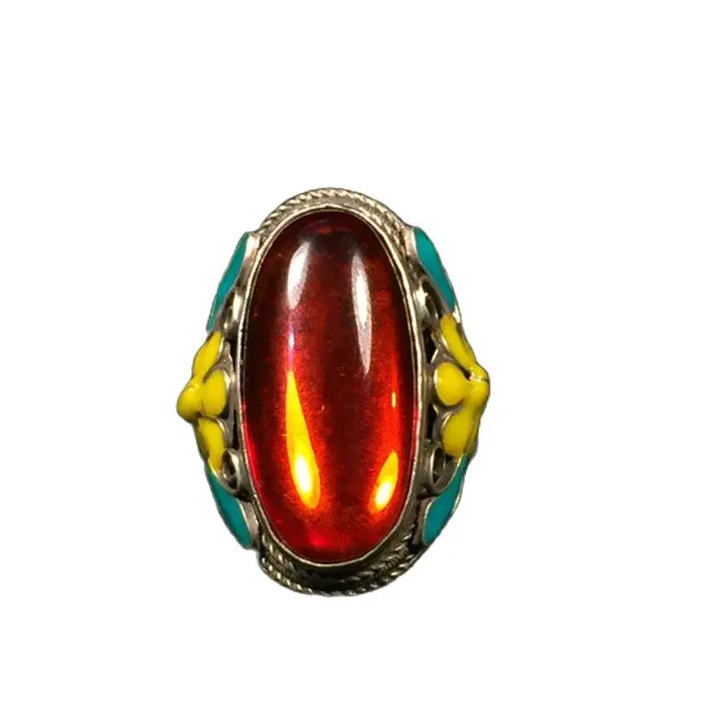 

Кольцо с красным цирконом, открытое серебряное кольцо, инкрустированное старым серебром, Коллекция династии Цин